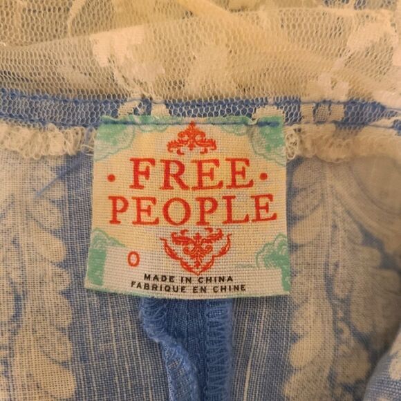 Vintage Free People Blue & White Lace Trim Linen Mini Shift Dress Y2K - Picture 6 of 8